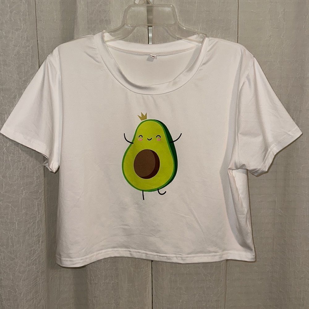 SHEIN XL White Crewneck Green Avocado Graphic Short Sleeve Crop Tee